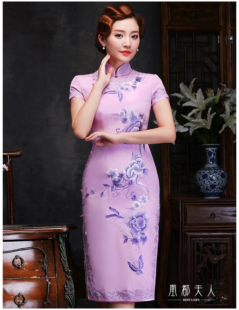 真丝旗袍女2021秋季新款重磅桑蚕丝改良旗袍裙中国风短袖礼服粉色中长