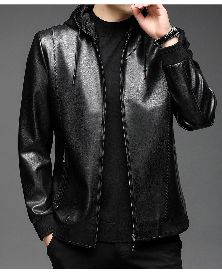 罗蒙品牌海宁真皮皮衣男中年皮夹克连帽加绒薄款青年带帽子山羊皮外套