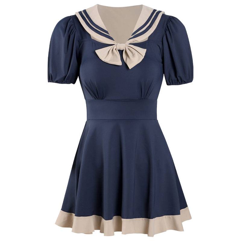 学院风泳衣 洛丽塔少女jk泳装水手服学院风复古显瘦遮肚温泉保守游泳