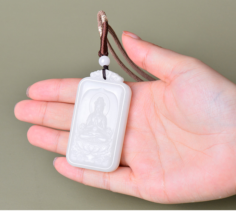 珠玥珠宝羊脂白玉坐莲观音吊坠男士玉牌双面雕刻玉佩玉石项链男玉坠