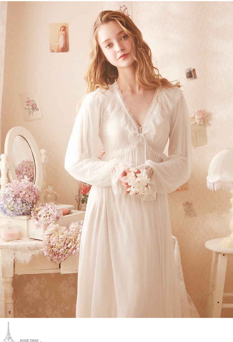 rosetree宫廷风睡裙女春秋公主可爱性感蕾丝v领长袖长款复古睡衣浅