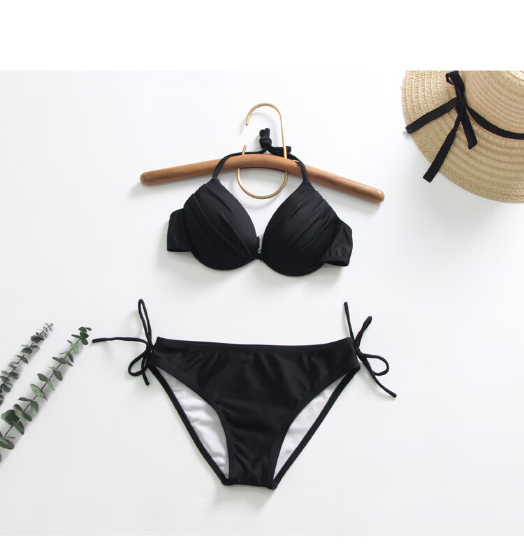 宋智雅同款泳衣女三角比基尼泳衣女性感三点式大胸聚拢白黑分体泳衣三