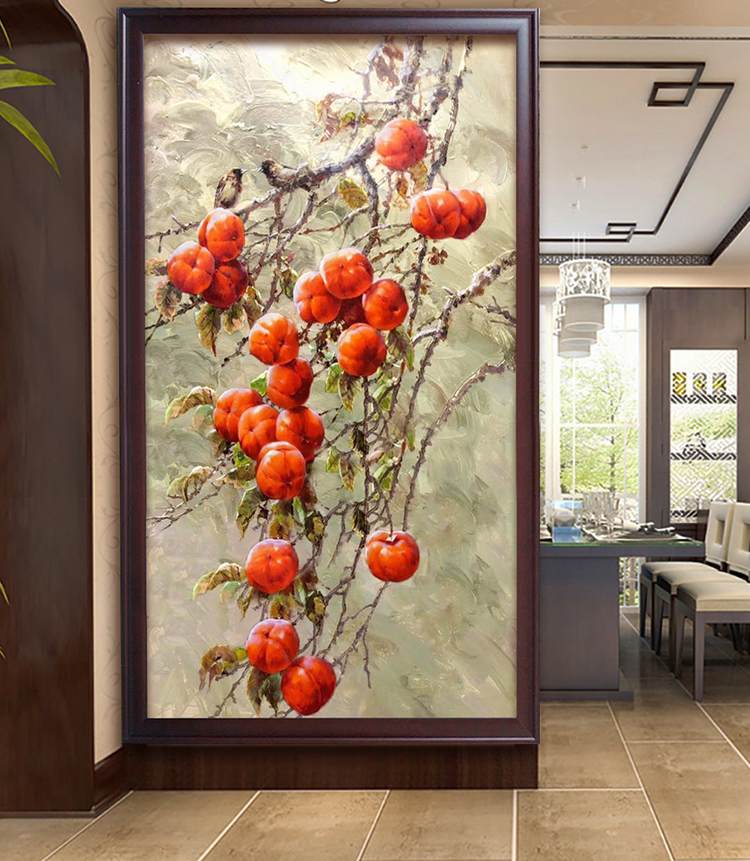 别颖纯手绘油画柿子柿柿如意玄关走廊过道酒店挂画中式风景北欧风格