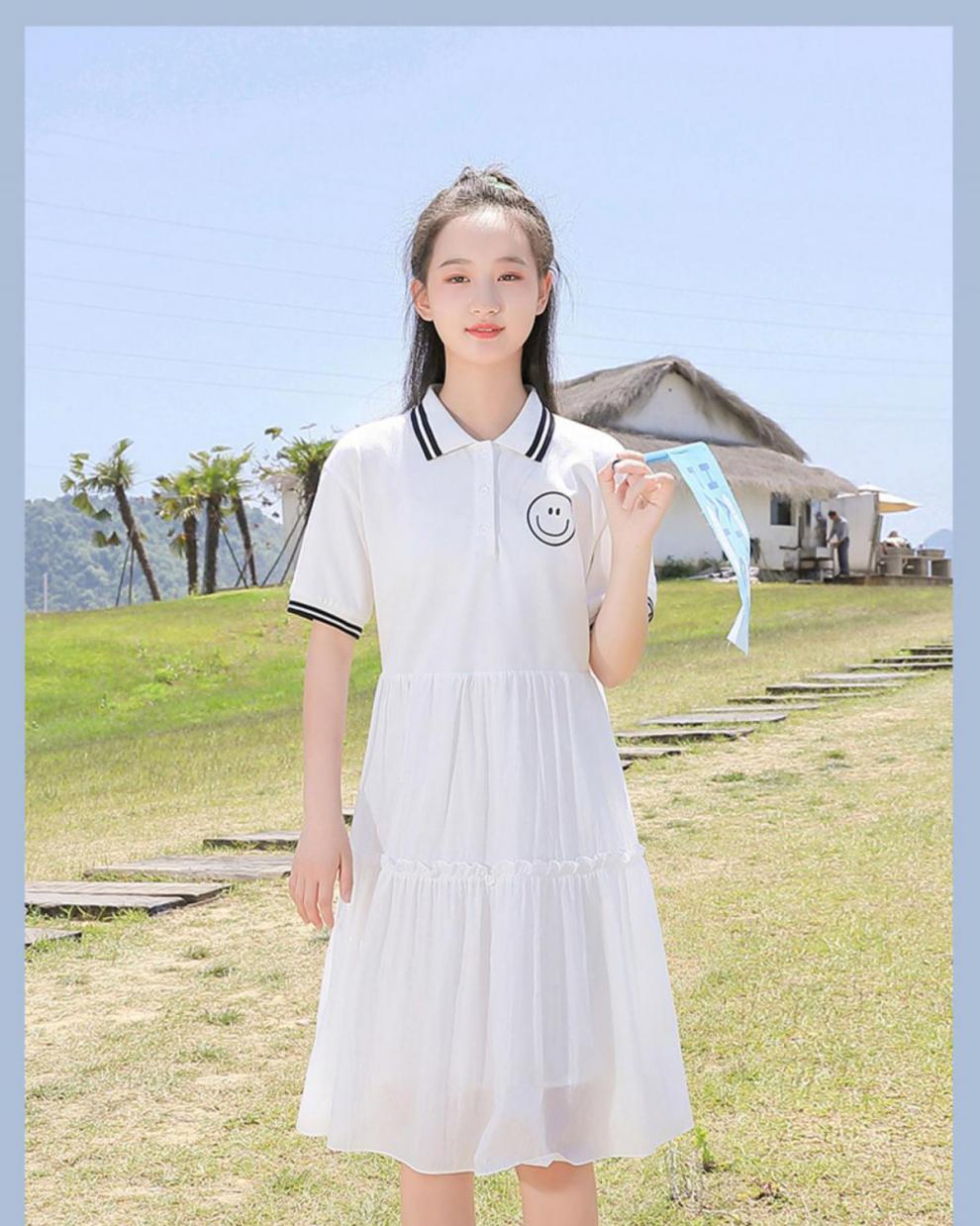 高中学生连衣裙夏装新款初中生少女青少年大童白色polo纱裙子 7002款