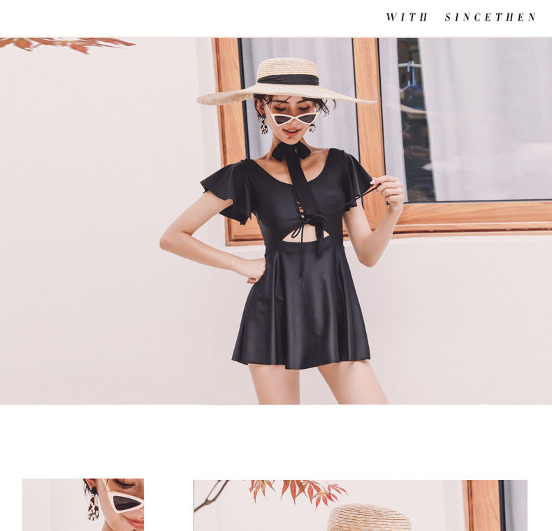 恩瑶大码冬季泳衣女黑色保守平角裤学生韩版泡温泉连体泳装黑色m