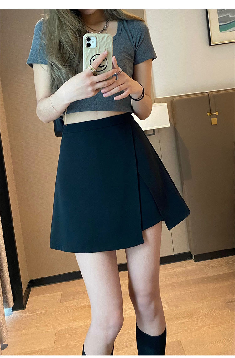 2022新款夏季黑色高腰显瘦半身裙a字裙女防走光开叉遮胯裙短裙黑色s