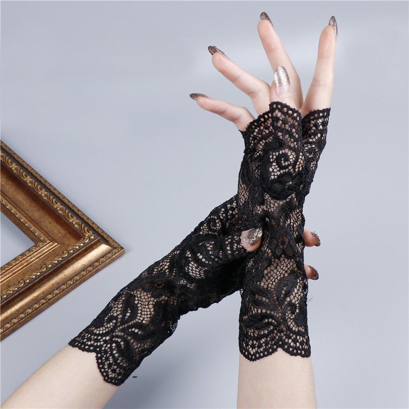卷丛蕾丝手套露指蕾丝防晒半指手套女夏天遮阳遮疤痕纹身手套开车骑行