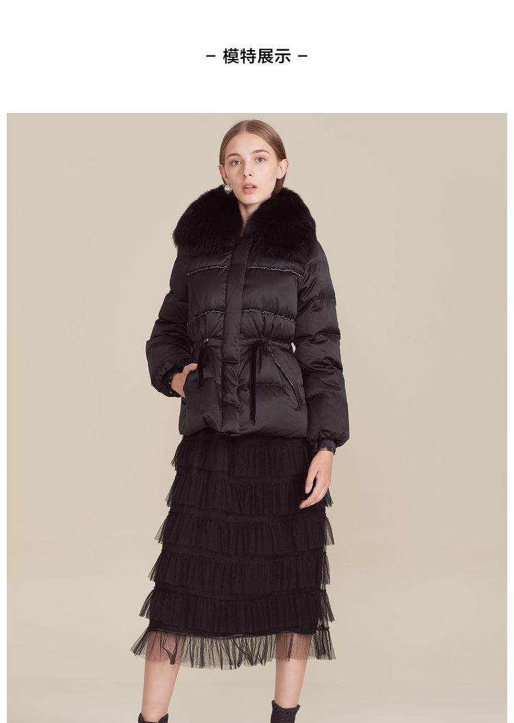 anmani恩曼琳19秋冬新狐狸毛领丝绒木耳边抽绳收腰女短款羽绒服ean9dg