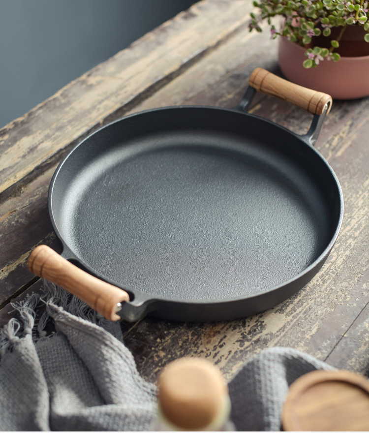 平底锅木柄家用煎饼锅铸铁烙饼鏊子摊煎饼果子工具手抓饼锅新加深35cm
