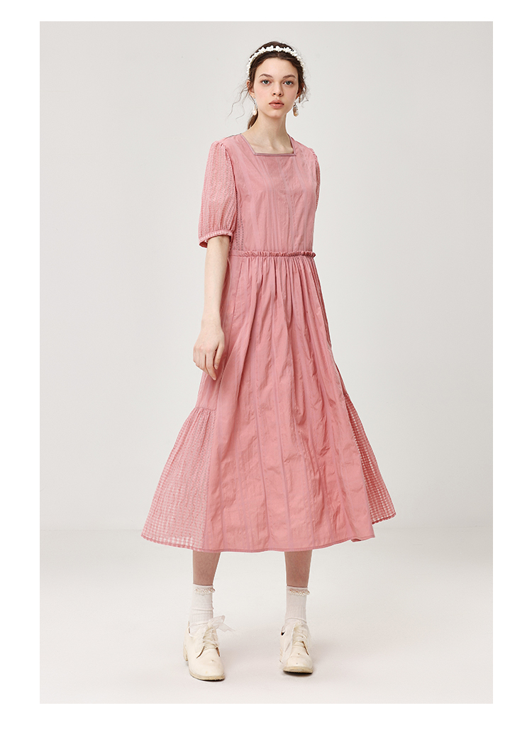 法式轻旅ein言2022春夏新品方领粉色短袖连衣裙女烟粉色s