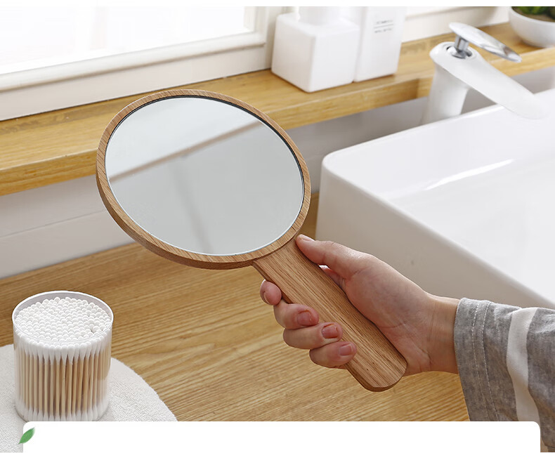 高清手柄化妆镜实木便携梳妆镜手持手拿镜子美容院复古木质随身镜ev