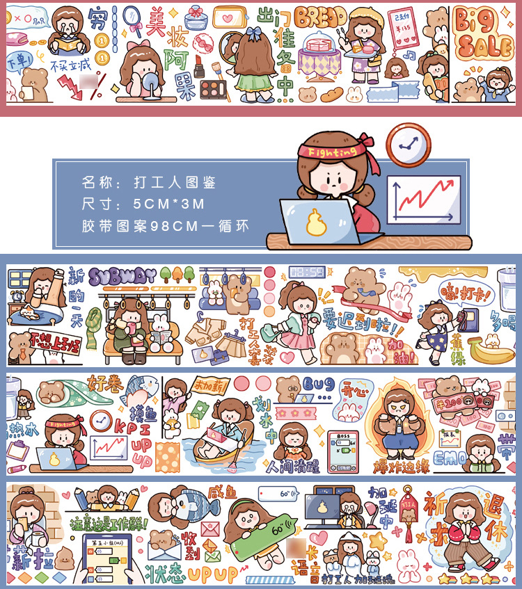语闲特油和纸胶带一周阿果系列手绘卡通人物手帐素材离型贴画4款一起