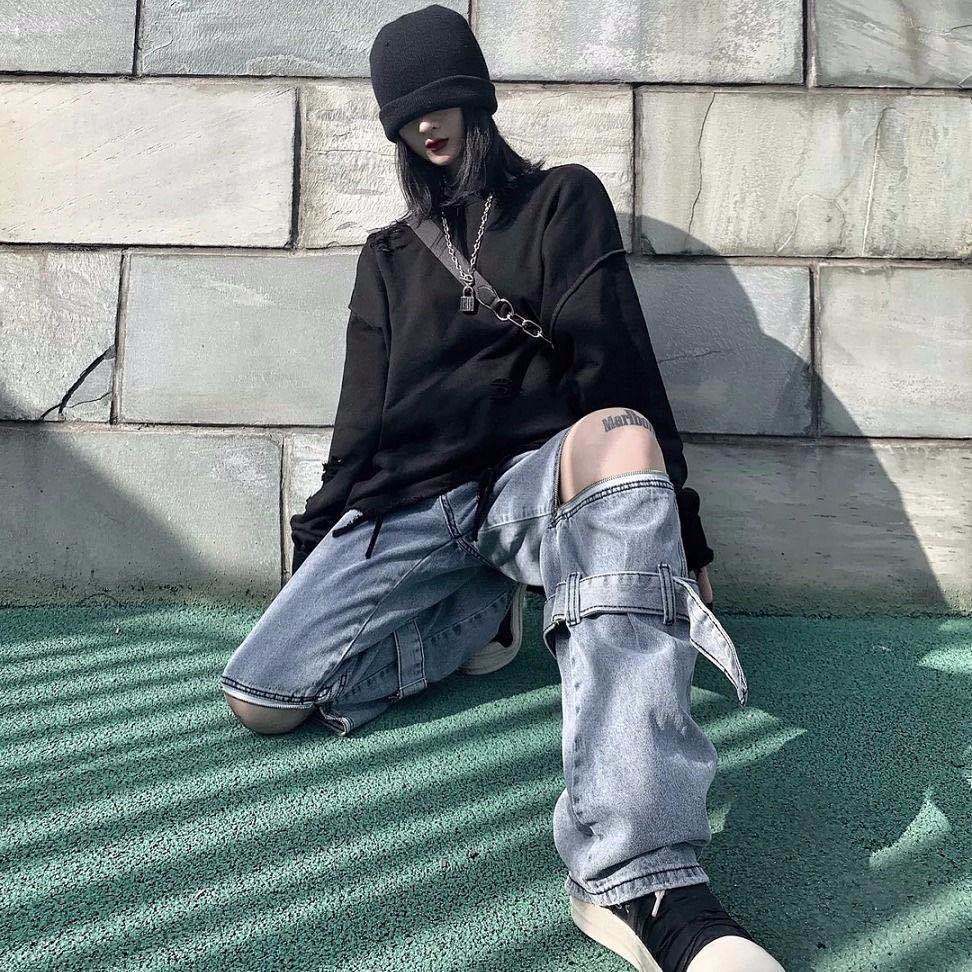 vzvk2021春秋新款女潮高街风可拆卸可长短两穿机能飘带拉链牛仔裤黑色