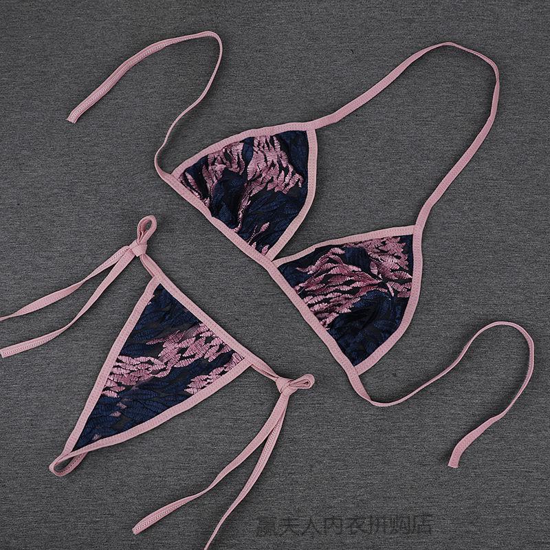 影昧新款性感内衣文胸t字裤套装刺绣系带大码诱惑三点装透明乳罩蓝粉