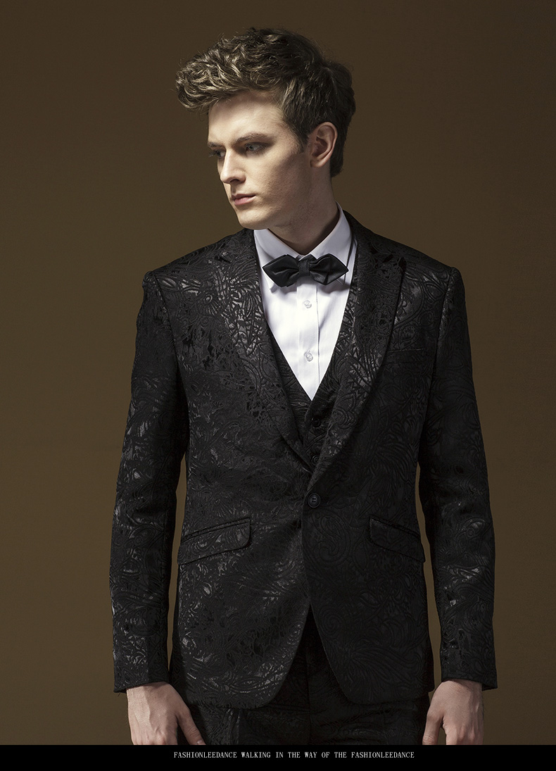 chiay承翼轻奢高端品牌西服套装男西装晚会结婚新郎礼服黑色定制花纹