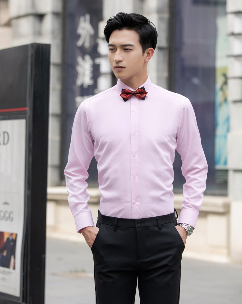 罗蒙轻奢官方精品长袖衬衫男新郎伴郎男士服兄弟团装白色衬衫结婚礼服