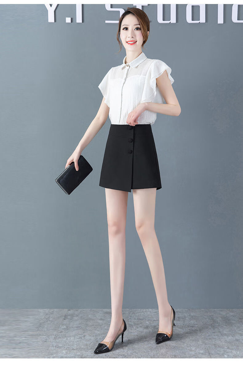 2021秋冬新款裙裤女高腰假两件短款西装短裤女不对称宽松裤裙外穿阔腿