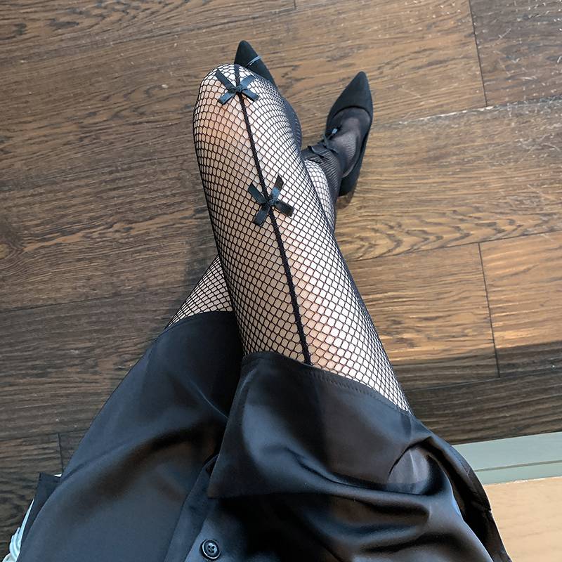 浪莎渔网袜春秋季黑色蝴蝶结薄款美腿袜子连脚袜打底裤潮女士女式性感