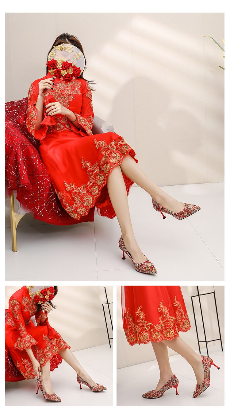 配秀禾服鞋子敬酒服鞋子秀禾鞋法式婚鞋冬季女红色平的底新娘鞋孕妇粗