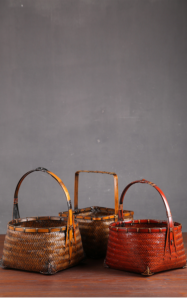 可狄手工竹编篮复古竹篮竹筐箩筐手提篮茶道收纳篮子带盖盒竹篓酒红色