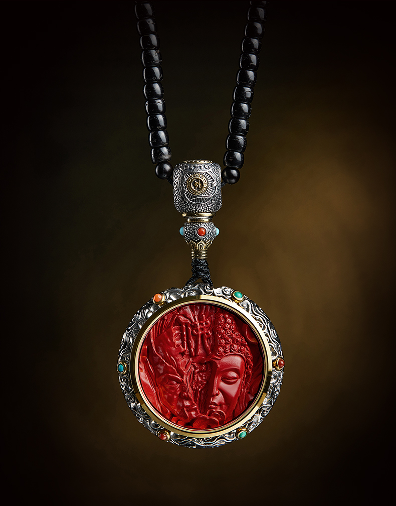 男士唐卡绿松石光镶嵌佛牌项链女送爸爸妈妈长辈生日礼品朱砂鬼佛吊坠