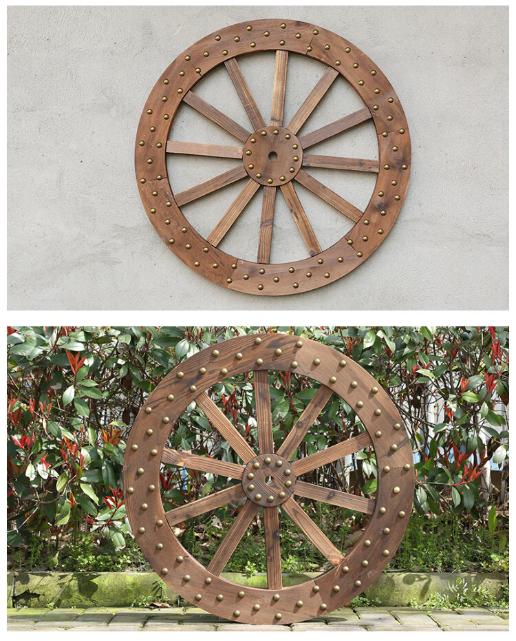 酒吧背景墙装饰道具实木质挂件木轮子车轮仿古复古木头马车车轱辘 外