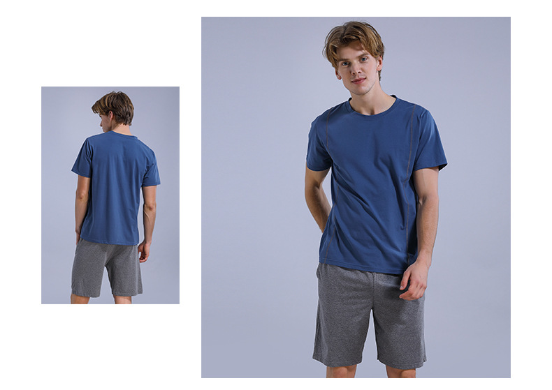 睡衣男生夏季薄纯棉男士大码短袖可外穿圆领纯色针织