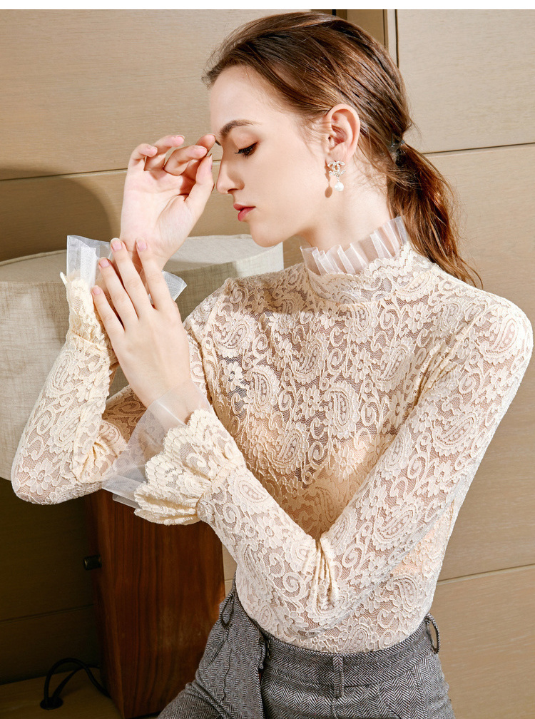 高领蕾丝打底衫女2020女装新款冬内搭长袖t恤镂空仙女洋气小衫 杏色 m
