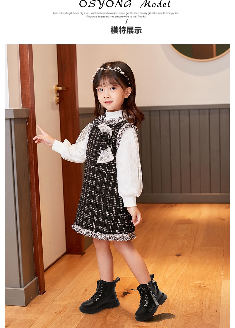 秋季新款英伦风短靴儿童秋冬款童靴加绒女孩靴子黑色加棉26码内长16cm