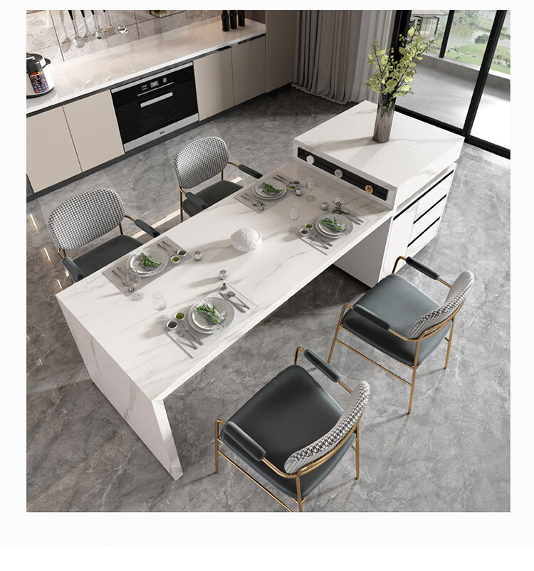 岛台餐桌一体悬空 岩板岛台餐桌一体悬空可伸缩旋转中岛台实木简约