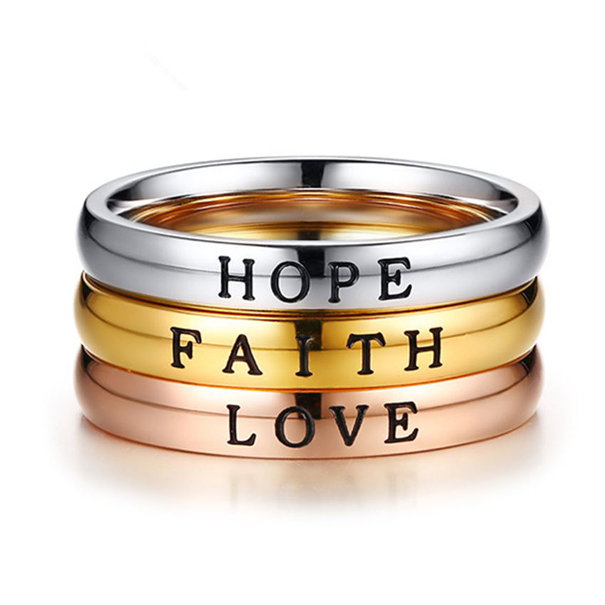 奢菲洛 hope love faith 三色钛钢英文刻字个性窄戒指 女士时尚简约