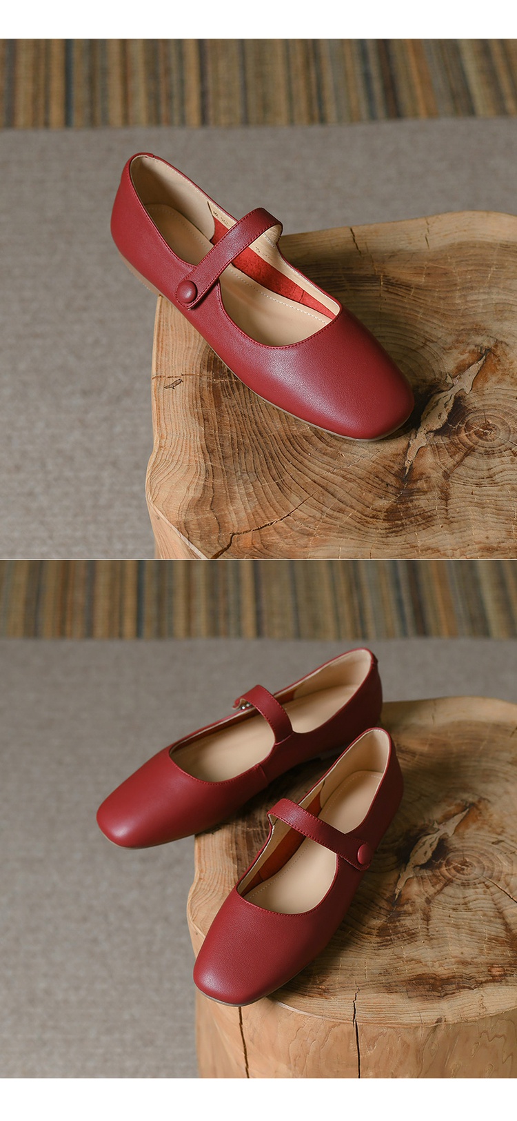 尊士烟斗时尚小皮鞋女2022新款春方头玛丽珍鞋酒红色芭蕾舞鞋软皮文艺