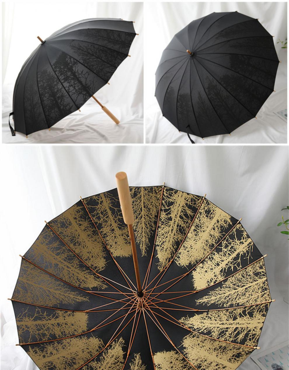 晴雨伞白桦树林16骨复古风木制伞直杆长柄伞男女中国风竹伞v6kl1356