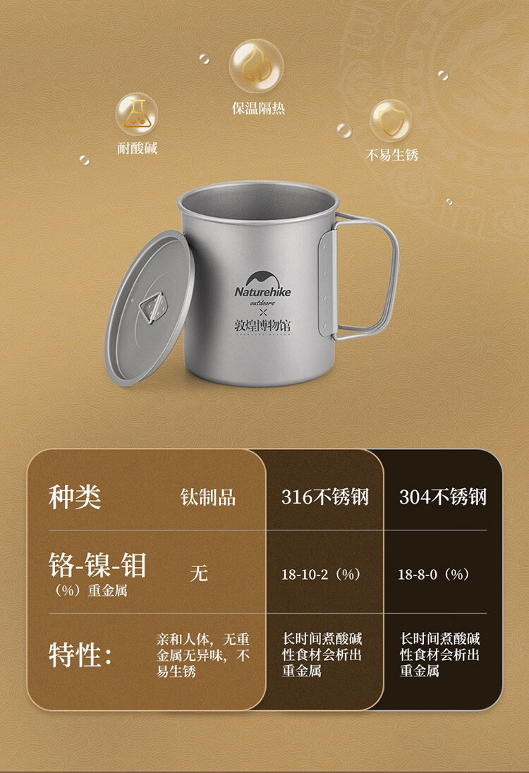 挪客(naturehike)敦煌联名钛杯 户外餐具便携野营装备露营水杯 钛本色