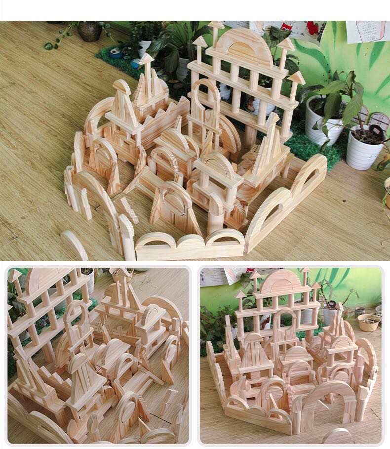 幼儿园建构区搭建实木玩具大型木质木头原木益碳化炭烧超大积木 174块