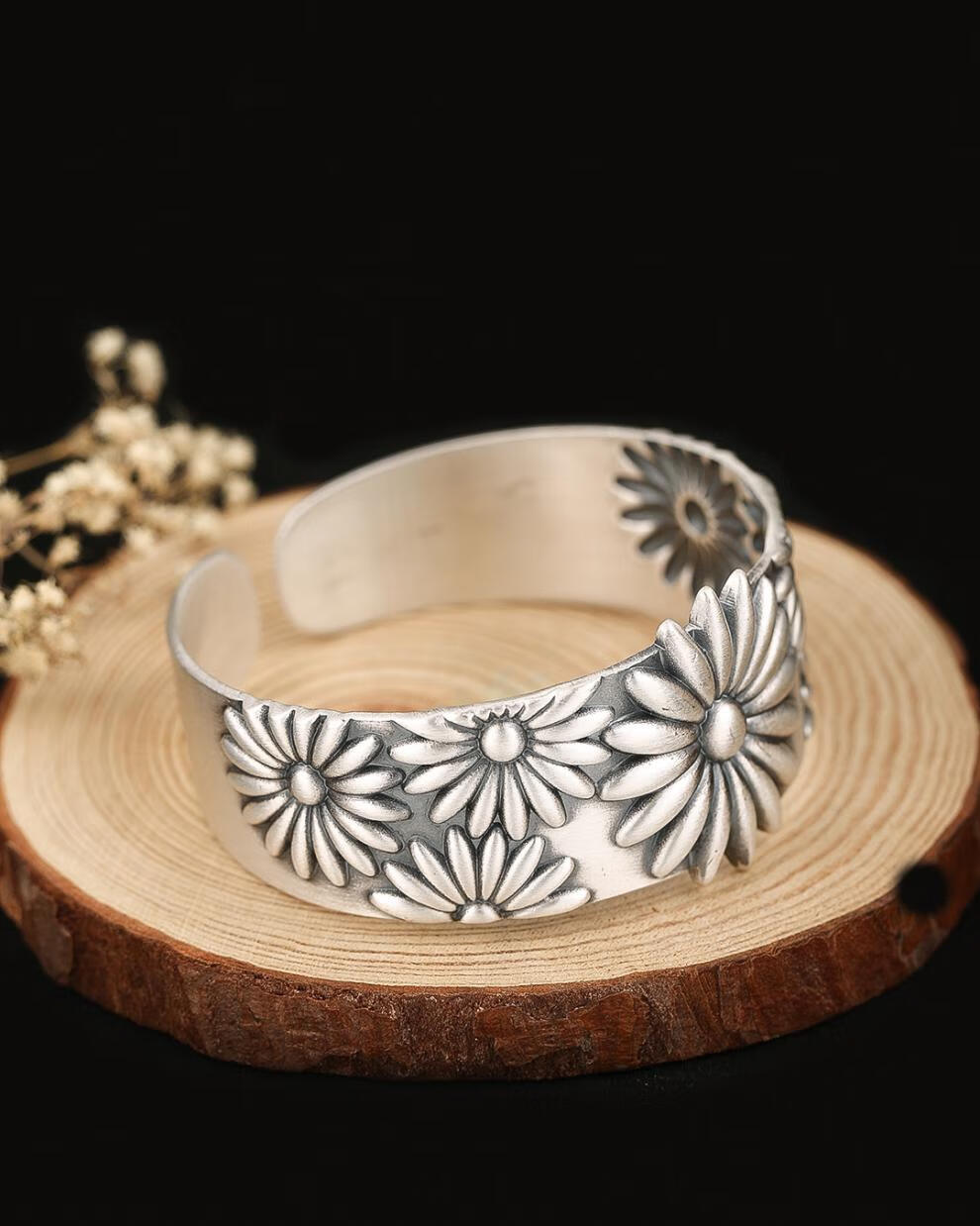 简奢唯爱银手镯女时尚s999足银镯子宽版立体太阳花手镯民族复古雕花镯