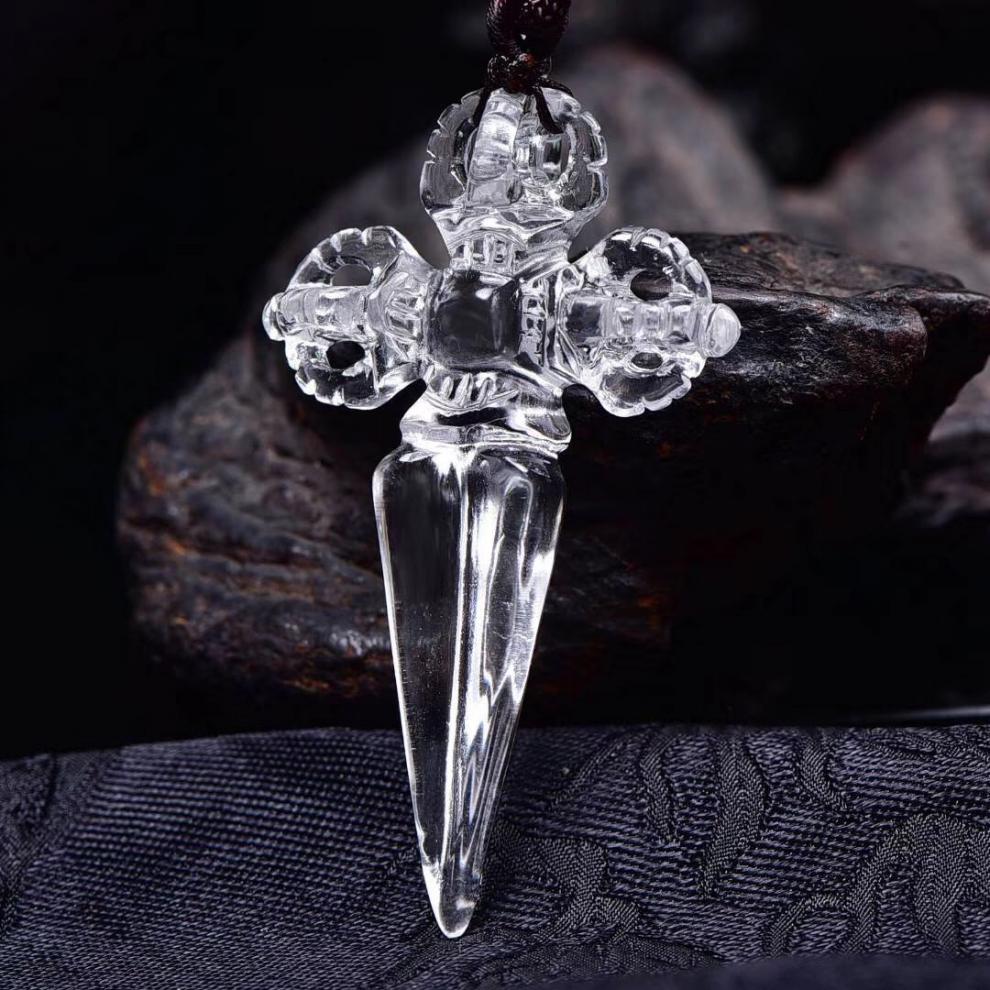 天然白水晶十字金刚杵降魔杵吊坠文殊智慧剑项链男女流行饰品 十字
