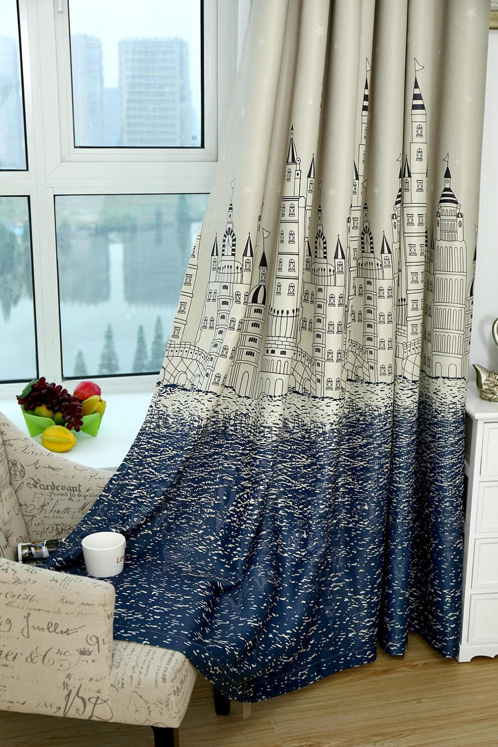 双面仿麻成品遮光窗帘地中海城堡窗帘窗纱成品定制卧室客厅加厚隔热短