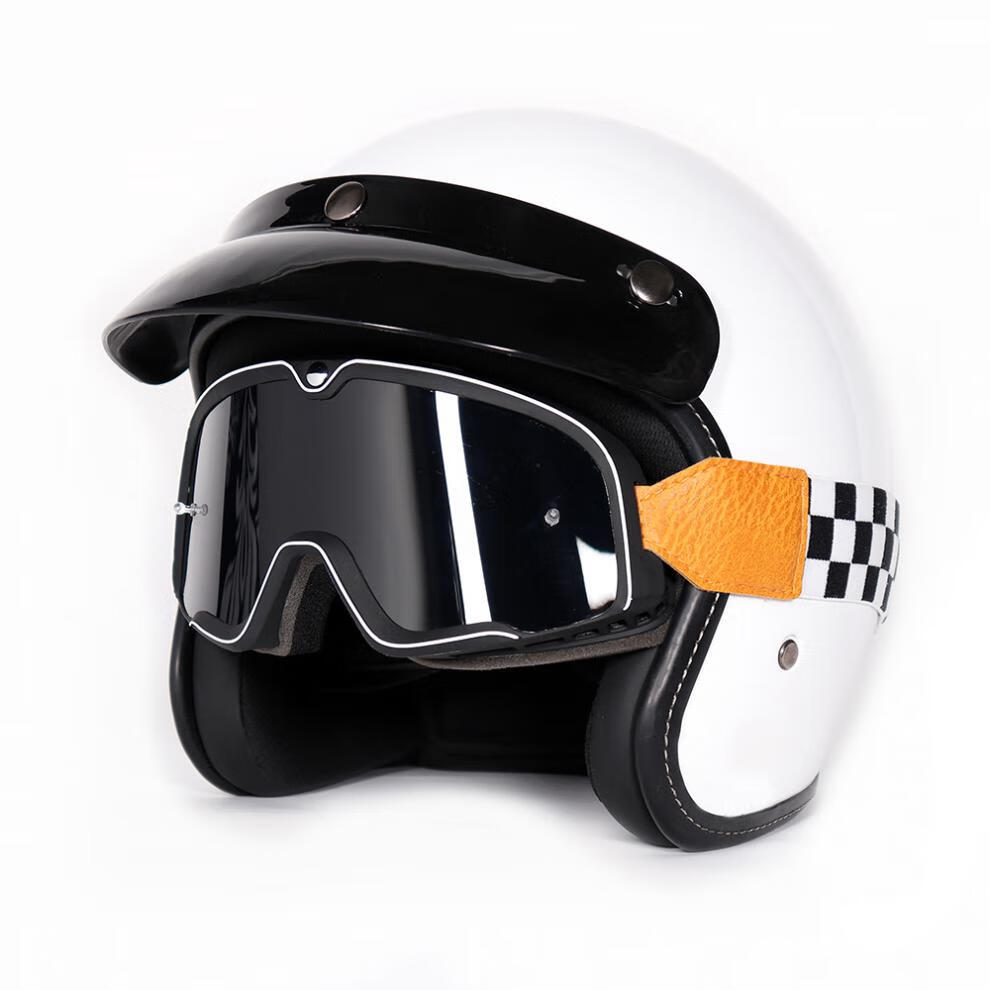 复古黑白棋盘格摩托车风镜34头盔骑士护目镜滑雪通用透明镜片风镜