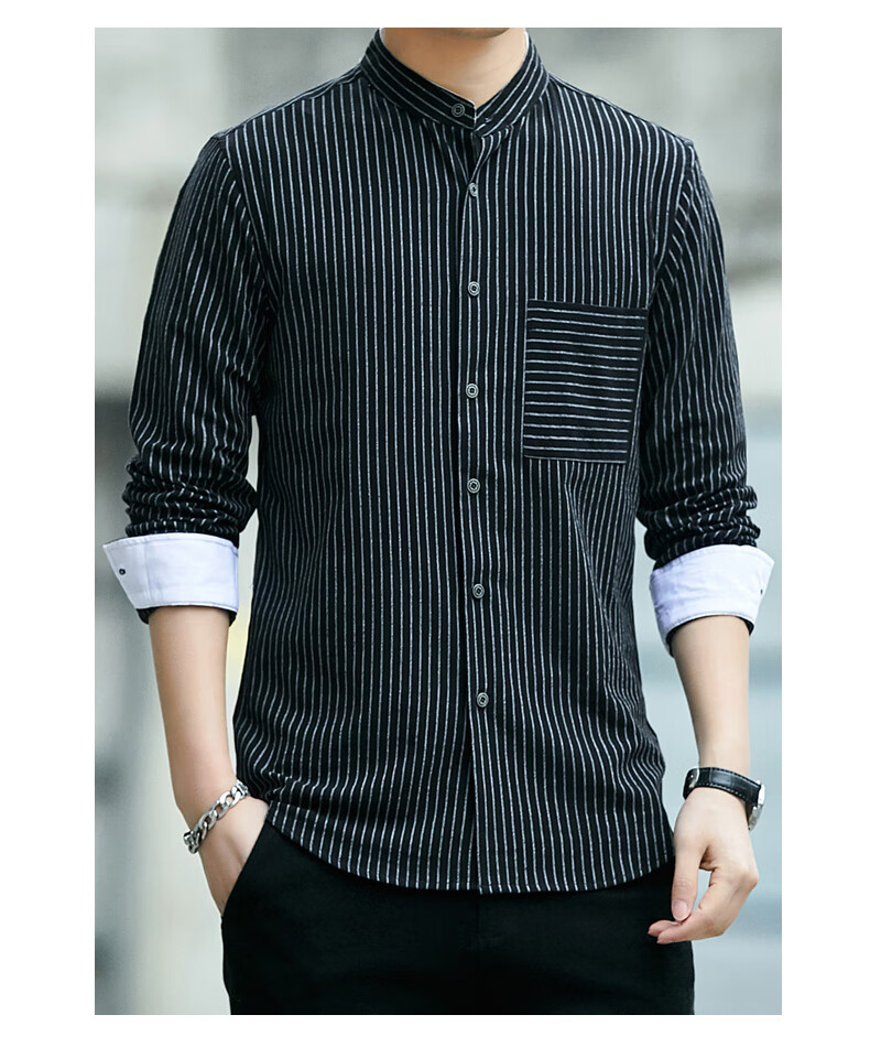 富贵鸟品牌直营竖条纹立领衬衫男长袖春夏透气薄款中山领圆领老粗布竖