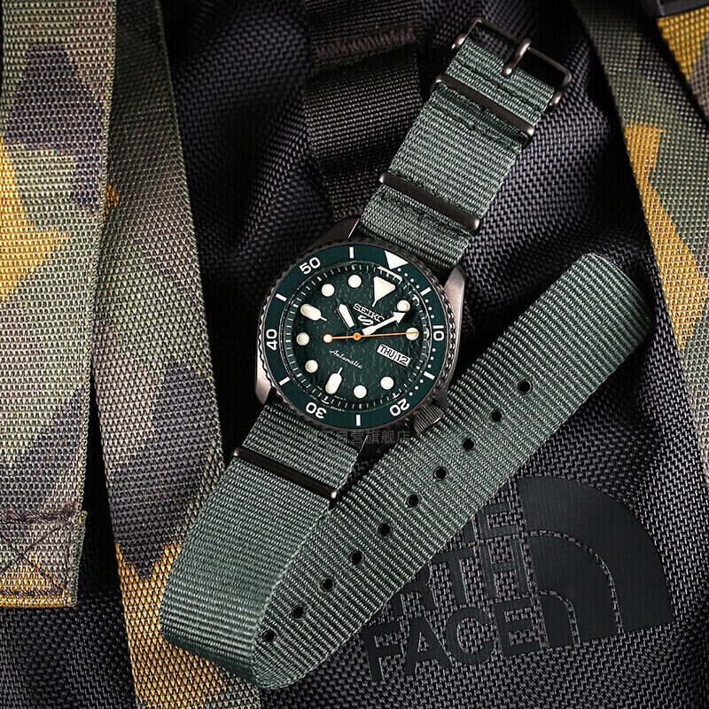 seiko精工男表新盾牌5号系列小橙针双历海藻绿礁石运动男士自动机械表