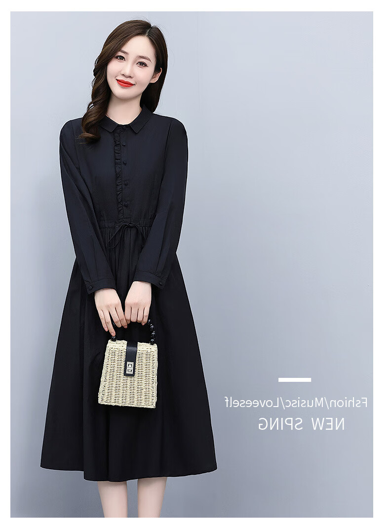 素订棉麻女装官方素素杭州年秋季连衣裙长袖修身显瘦气质妈妈名媛黑色