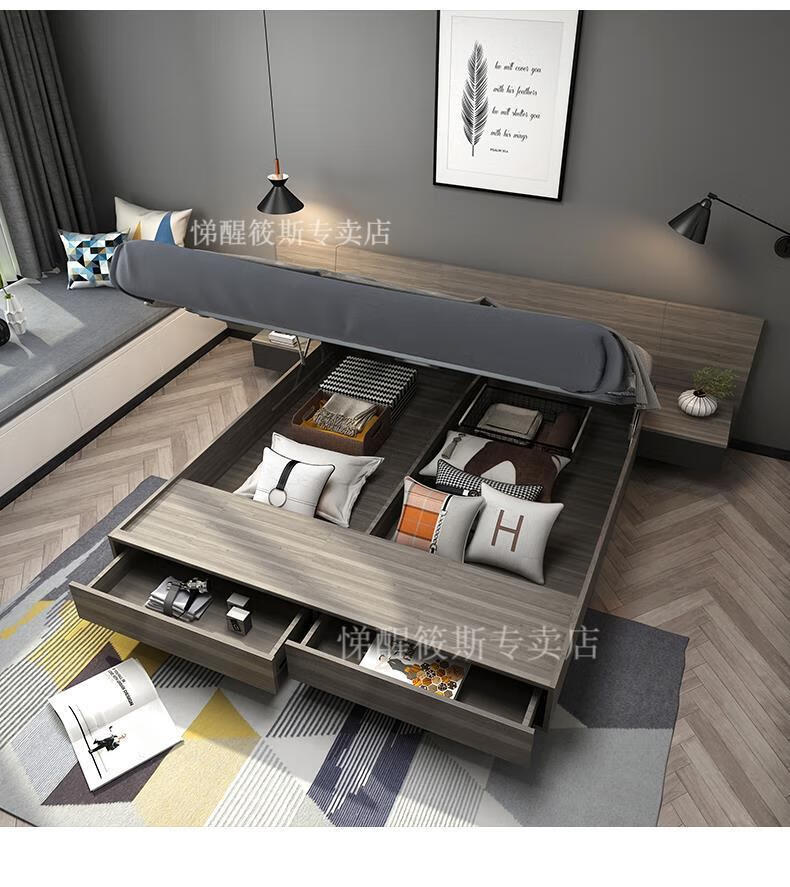 定制悬浮床家用北欧灰色现代极简床15米18榻榻米卧室套房家具床高箱