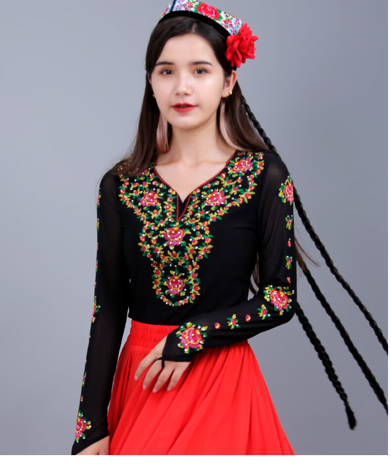 新疆维吾尔族服装成人女舞蹈演出民族风绣花上衣表演练功服团民族广场