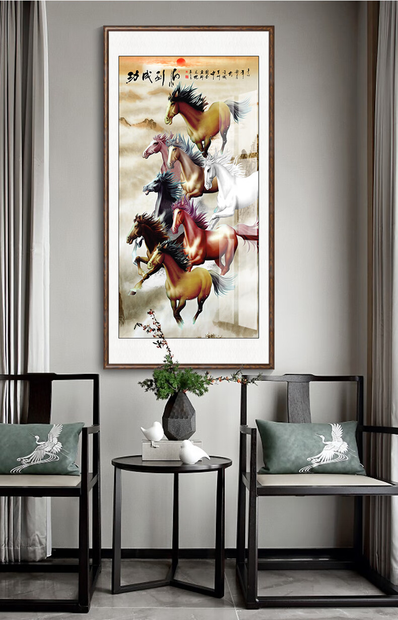 2022新款新中式八骏图玄关装饰画竖版客厅挂画马到成功山水画走廊过道