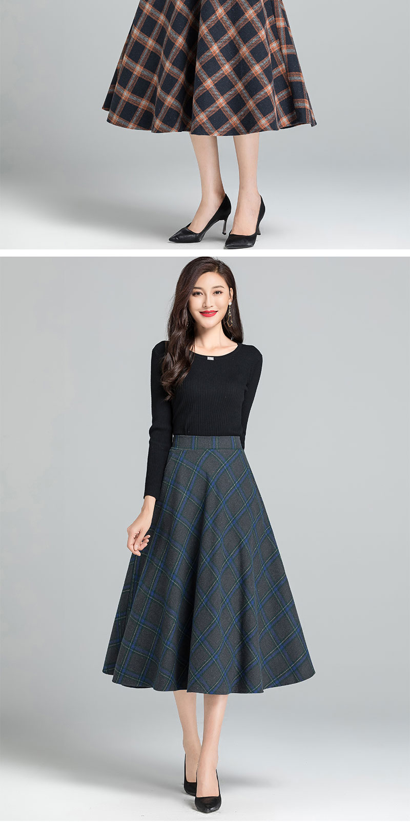 中老年半身裙冬季裙子中年妇女半截裙秋冬格子毛呢加厚a字裙口袋松紧