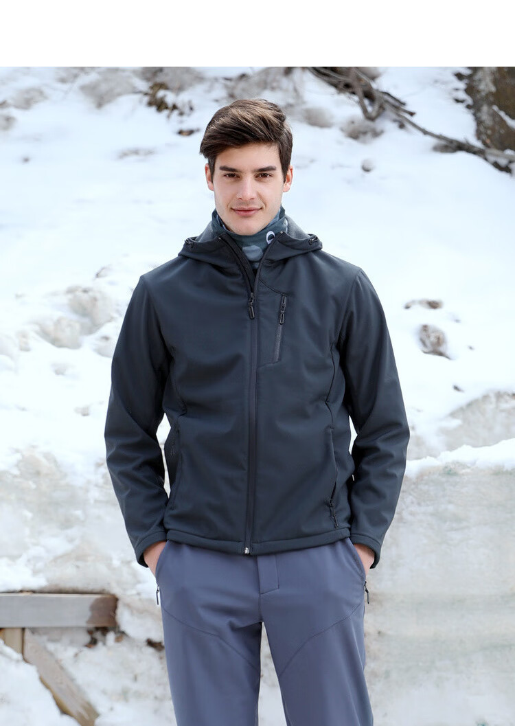 探路者户外男女情侣四面弹力摇粒绒防泼水防风保暖软壳衣连帽外套 男