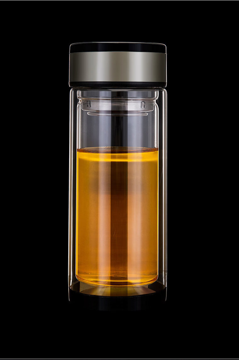 诺亚双层口杯大容量双层玻璃杯简约男士家用水杯便携透明带盖泡茶杯