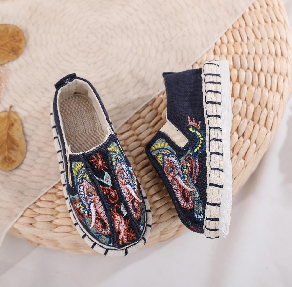 布乐鼠老北京千层底儿童布鞋民族风绣花女童男童布鞋t18藏青24内长135