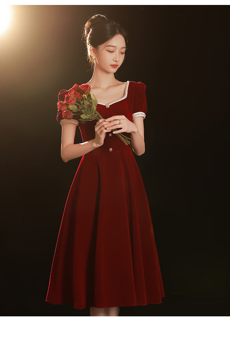 丽佰昕敬酒服新娘夏季小个子酒红色订婚礼服连衣裙平时可穿感法式女